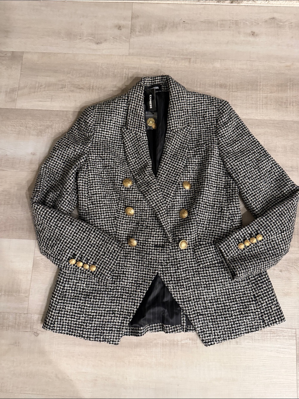 Express Black & White Houndstooth Double-Breasted Blazer with Gold Buttons